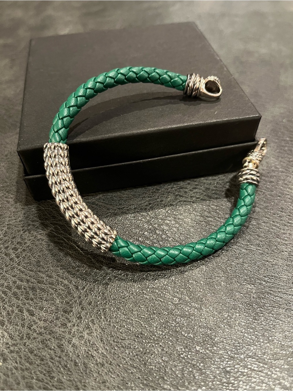 Jai John Hardy Green Braided Leather Bracelet with Sterling Silver Bar.